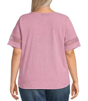 Leo & Nicole Plus Size Acid Wash Crew Neck Short Sleeve Crochet Trim Knit Tee