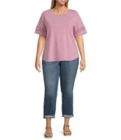 Leo & Nicole Plus Size Acid Wash Crew Neck Short Sleeve Crochet Trim Knit Tee
