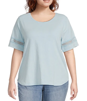 Leo & Nicole Plus Size Acid Wash Crew Neck Short Sleeve Crochet Trim Knit Tee