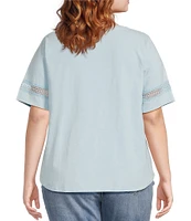 Leo & Nicole Plus Size Acid Wash Crew Neck Short Sleeve Crochet Trim Knit Tee