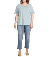 Leo & Nicole Plus Size Acid Wash Crew Neck Short Sleeve Crochet Trim Knit Tee