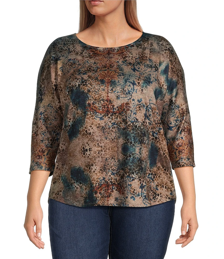 Leo & Nicole Plus Size Knit Paisley Print Crew Neck 3/4 Dolman Sleeve Top