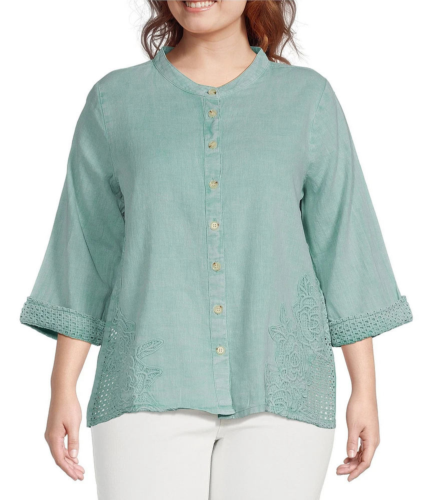 Leo & Nicole Plus Size Mandarin Collar 3/4 Sleeve Lace Applique Button Front Shirt