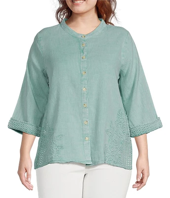 Leo & Nicole Plus Size Mandarin Collar 3/4 Sleeve Lace Applique Button Front Shirt
