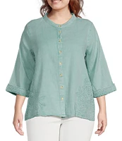Leo & Nicole Plus Size Mandarin Collar 3/4 Sleeve Lace Applique Button Front Shirt
