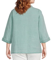 Leo & Nicole Plus Size Mandarin Collar 3/4 Sleeve Lace Applique Button Front Shirt