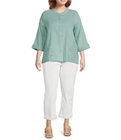 Leo & Nicole Plus Size Mandarin Collar 3/4 Sleeve Lace Applique Button Front Shirt