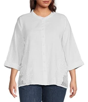 Leo & Nicole Plus Size Mandarin Collar 3/4 Sleeve Lace Applique Button Front Shirt