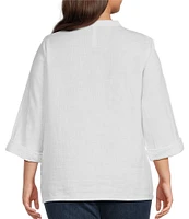Leo & Nicole Plus Size Mandarin Collar 3/4 Sleeve Lace Applique Button Front Shirt