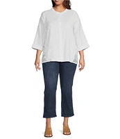 Leo & Nicole Plus Size Mandarin Collar 3/4 Sleeve Lace Applique Button Front Shirt