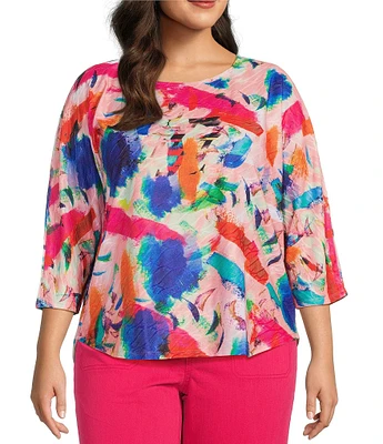 Leo & Nicole Plus Size Painterly Print Textured Knit Crew Neck 3/4 Dolman Sleeve Hi-Low Top