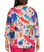 Leo & Nicole Plus Size Painterly Print Textured Knit Crew Neck 3/4 Dolman Sleeve Hi-Low Top