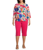 Leo & Nicole Plus Size Painterly Print Textured Knit Crew Neck 3/4 Dolman Sleeve Hi-Low Top