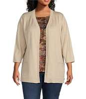 Leo & Nicole Plus Size Pointelle Trim 3/4 Sleeve Open-Front Cardigan