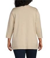 Leo & Nicole Plus Size Pointelle Trim 3/4 Sleeve Open-Front Cardigan