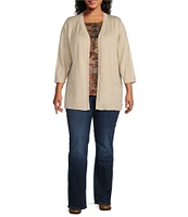 Leo & Nicole Plus Size Pointelle Trim 3/4 Sleeve Open-Front Cardigan