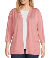 Leo & Nicole Plus Size Pointelle Trim 3/4 Sleeve Open-Front Cardigan