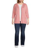 Leo & Nicole Plus Size Pointelle Trim 3/4 Sleeve Open-Front Cardigan