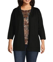 Leo & Nicole Plus Size Pointelle Trim 3/4 Sleeve Open-Front Cardigan