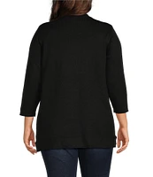 Leo & Nicole Plus Size Pointelle Trim 3/4 Sleeve Open-Front Cardigan