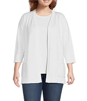 Leo & Nicole Plus Size Pointelle Trim 3/4 Sleeve Open-Front Cardigan