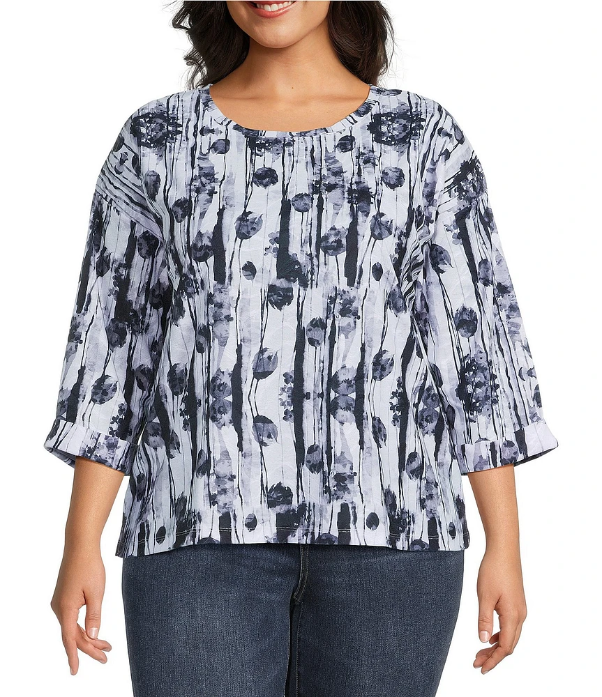 Leo & Nicole Plus Size Textured Floral Shadow Print Boat Neck 3/4 Sleeve Top