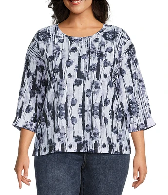 Leo & Nicole Plus Size Textured Floral Shadow Print Boat Neck 3/4 Sleeve Top
