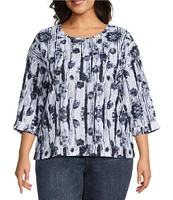 Leo & Nicole Plus Size Textured Floral Shadow Print Boat Neck 3/4 Sleeve Top
