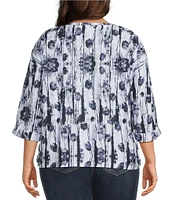 Leo & Nicole Plus Size Textured Floral Shadow Print Boat Neck 3/4 Sleeve Top