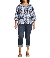 Leo & Nicole Plus Size Textured Floral Shadow Print Boat Neck 3/4 Sleeve Top
