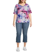 Leo & Nicole Plus Size Textured Knit Printed V-Neck Short Roll-Tab Sleeve Top