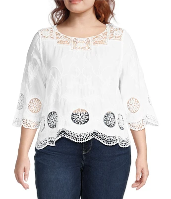 Leo & Nicole Plus Size Woven Scattered Embroidered Lace Scoop Neck 3/4 Sleeve Top