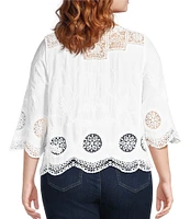 Leo & Nicole Plus Size Woven Scattered Embroidered Lace Scoop Neck 3/4 Sleeve Top