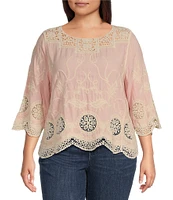 Leo & Nicole Plus Size Woven Scattered Embroidered Lace Scoop Neck 3/4 Sleeve Top