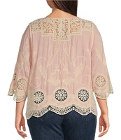 Leo & Nicole Plus Size Woven Scattered Embroidered Lace Scoop Neck 3/4 Sleeve Top