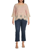 Leo & Nicole Plus Size Woven Scattered Embroidered Lace Scoop Neck 3/4 Sleeve Top