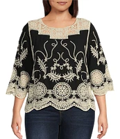 Leo & Nicole Plus Size Woven Scattered Embroidered Lace Scoop Neck 3/4 Sleeve Top