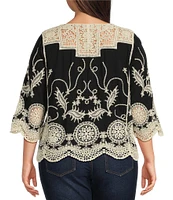 Leo & Nicole Plus Size Woven Scattered Embroidered Lace Scoop Neck 3/4 Sleeve Top