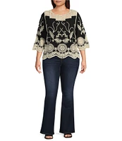 Leo & Nicole Plus Size Woven Scattered Embroidered Lace Scoop Neck 3/4 Sleeve Top