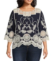 Leo & Nicole Plus Size Woven Scattered Embroidered Lace Scoop Neck 3/4 Sleeve Top