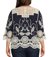 Leo & Nicole Plus Size Woven Scattered Embroidered Lace Scoop Neck 3/4 Sleeve Top