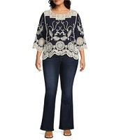Leo & Nicole Plus Size Woven Scattered Embroidered Lace Scoop Neck 3/4 Sleeve Top