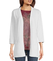 Leo & Nicole Pointelle Trim 3/4 Sleeve Open Front Cardigan