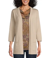 Leo & Nicole Pointelle Trim 3/4 Sleeve Open Front Cardigan