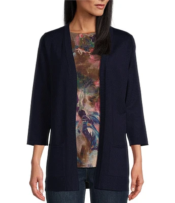 Leo & Nicole Pointelle Trim 3/4 Sleeve Open Front Cardigan