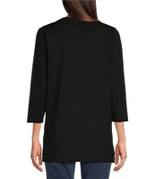 Leo & Nicole Pointelle Trim 3/4 Sleeve Open Front Cardigan