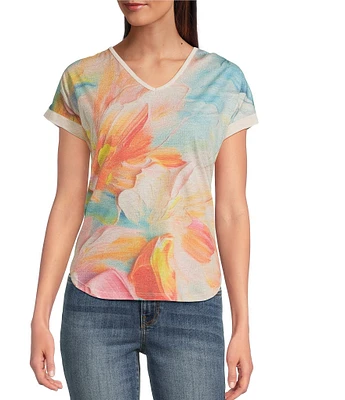 Leo & Nicole Floral Print V-Neck Short Roll Cuff Sleeves Tee Shirt