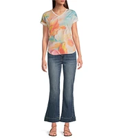 Leo & Nicole Floral Print V-Neck Short Roll Cuff Sleeves Tee Shirt