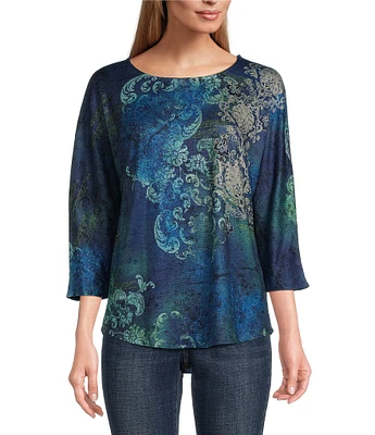 Leo & Nicole Quiet Ocean Print Crew Neck 3/4 Dolman Sleeve Knit Top