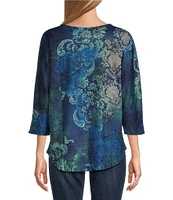 Leo & Nicole Quiet Ocean Print Crew Neck 3/4 Dolman Sleeve Knit Top